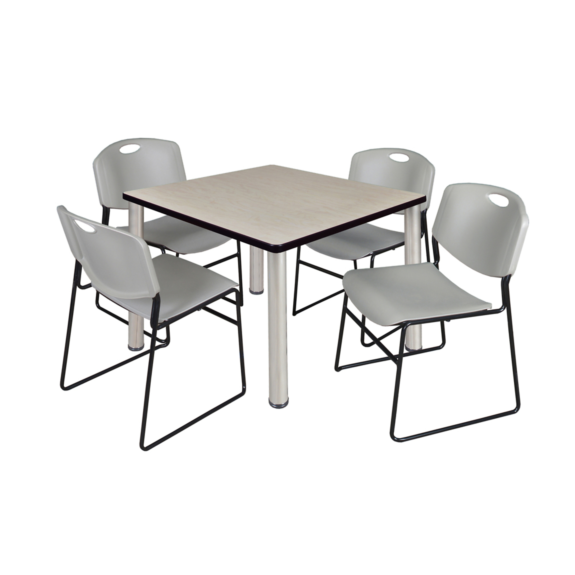 Regency Kee Breakroom Table Set — 42in. Square, Maple/Cherry Top, Chrome Legs, 4 Grey Zeng Stack Chairs, Model# TB4242PLBPCM44GY